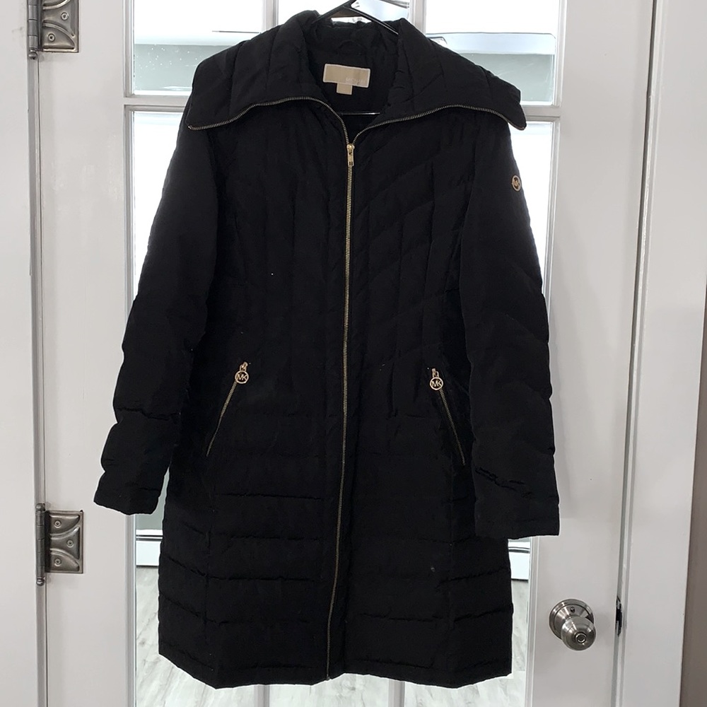 Michael Kors long black with gold zippers and emblems, feather down coat.